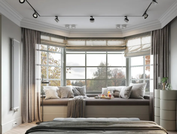 上海家庭裝修風(fēng)格：家庭裝修，小戶型裝修，拐角飄窗窗簾怎樣安裝好看？