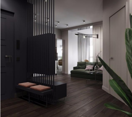 客廳電視墻裝修：玄關(guān)木格柵兼做電視墻，臥室墻體斜砌更通暢